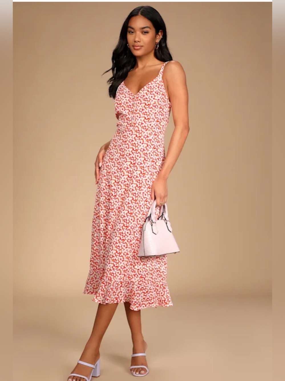 Ulu Red Floral V-Neck Midi Dress with Spaghetti Straps